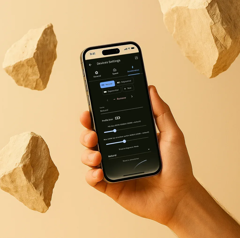 Aplicación móvil Sternboard interfaz ajustes tabla eléctrica 3 ruedas smartphone control velocidad aceleración